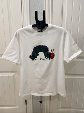 Dior White Short Sleeve Tee with Green Caterpillar Graphic